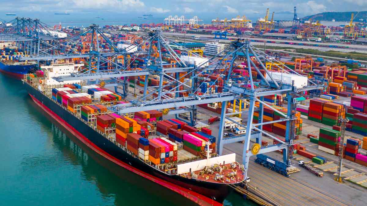 Coastal shipping vessel in port