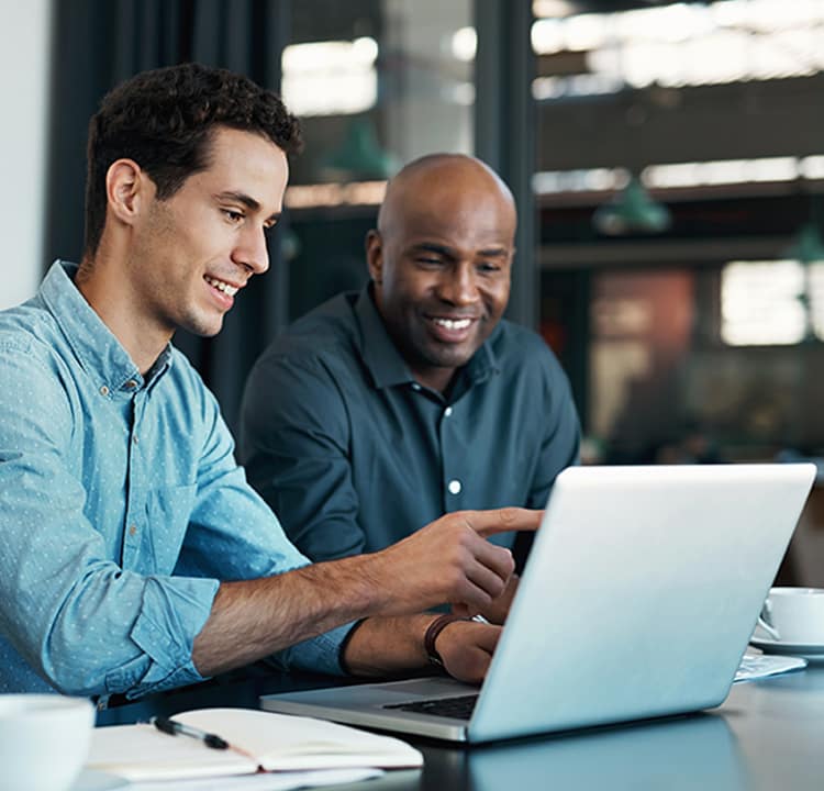 Two men reviewing Navisphere Insight data on a laptop